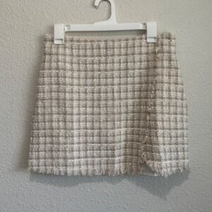 Lulus Tweed Plaid Mini‎ Skirt Preppy Metallic Gold Fringe Faux Wrap Old Money
